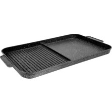 Karokstore Çift Bölmeli Alüminyum Döküm Izgara ve Pişirme Tavası | Çok Amaçlı Ocak Üstü Kızartma Tavası | Döküm Izgara Tavası | Eşit Isı Dağılımı | Steak, Et ve Sebze Pişirme (29CM*49.5CM*3CM)
