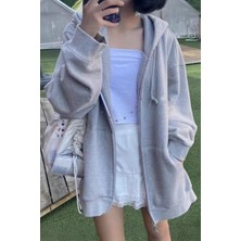 Düz Gri Melanj Fermuarlı Kalın Kumaş Kapüşonlu Oversize Unisex Hırka