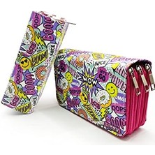 Karokstore Kalem Kutusu Wow Oops Boom Smile Desenli Kawai Organizer Kalemkutu Vegan Deri Üç Bölmeli Kalemlik