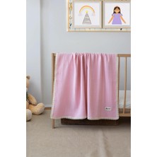 Karokstore Pamuklu 4 Katlı Müslin Dantelli Bebek Battaniyesi, Pembe, Antibakteriyel, Düz Desen