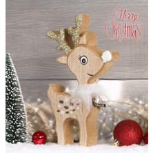 Karokstore Sole Yılbaşı Süsü Dekoratif Çıngıraklı Ahşap Geyik Biblo Figür - 15 cm
