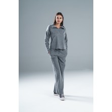 Paw Garage Kadın Selanik Kumaş Dik Yaka Yarım Fermuarlı Pis Dikiş Pantolonlu Alt-Üst Takım