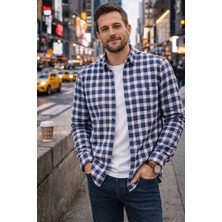 Varetta Erkek Mavi Kareli Kışlık Gömlek Yünlü Cepli Geniş Kesim