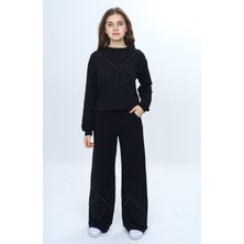 Toontoy Kız Çocuk 2'li Takım Taş Işlemeli Bisiklet Yaka Sweatshirt & Beli Lastikli Bol Paça Cepli Eşofman Altı