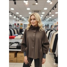 Ribana Classic Kadın Kuşak Detaylı Dik Yaka Düğmeli Pelerin Kaşe Panço