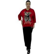 Büyük Beden Kapüşonlu Likralı Taş Işlemeli Kapri Kol Yandan Fermuar Detaylı Kadın Ikili Takım Türk Malı La Sortie