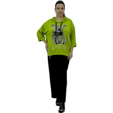 Büyük Beden Kapüşonlu Likralı Taş Işlemeli Kapri Kol Yandan Fermuar Detaylı Kadın Ikili Takım Türk Malı La Sortie