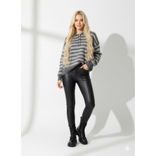 Ribana Classic Kadın Çizgili Oversize Kesim Polo Yaka  Trend Triko Kazak 2594