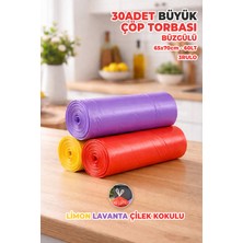 Destpak 30 Adet Büyük Boy Büzgülü Çöp Torbası - Ekstra Sağlam - Limon, Lavanta, Çilek Kokulu - Renkli 65X70