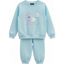 Kız Bebek/çocuk Mavi Renk Nakışlı Ikili Alt Üst Takım