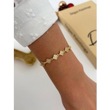 Marsel Özel Seri Mini Yonca Zirkon Taşlı Kalp Şerit 14K Gold Bileklik