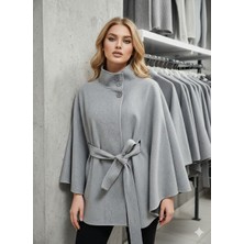 Ribana Classic Kadın Kuşak Detaylı Dik Yaka Düğmeli Pelerin Kaşe Panço