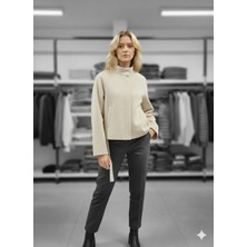 Ribana Classic Kadın Kuşak Detaylı Dik Yaka Düğmeli Pelerin Kaşe Panço