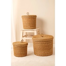 Avantage Home Arleen - 3'lü Dekoratif El Örmesi Kapaklı Hasır Sepet Seti, Organizer, Düzenleyici, Saklama Kutusu