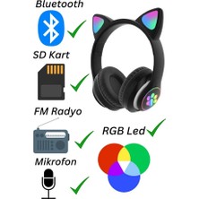 Gunkes Kedi Kulaklık Rgb Işıklı Bluetooth 5.0 Kulaklık Kablosuz Extra Bass Kart Girişli Cat Mikrofonlu STN28