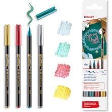 Karokstore 1340 Metalik Fırça Uçlu Keçeli Kalem, 4 Parlak Renkli Set, Esnek Fırça Ucu