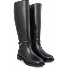 Ne&Ve Shoes Siyah Deri Gold Aksesuarlı Diz Altı Kadın Çizme