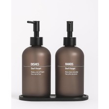 Karokstore Bulaşık Deterjanlık ve Sabunluk Seti Bambu Tepsili Şık Ikili Set Siyah Beyaz Modern Tasarım Kompozit Malzemeli Mutfak Tezgah Üstü Organizer (Gri)