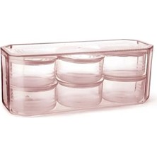 Karokstore 7 Parça Kristal Plastik Kahvaltılık Kuruyemişlik Saklama Kabı Set, 28 x 10 x 11 cm Saklama Kutusu, 6 Adet Vakum Kapaklı Kap, Pembe
