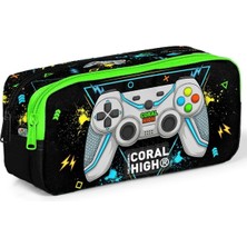 Karokstore Siyah Fosforlu Yeşil Gamer Iki Bölmeli Kalem Çantası - Erkek Çocuk