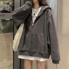 Düz Füme Fermuarlı Kalın Kumaş Oversize Unisex Kapüşonlu Hırka