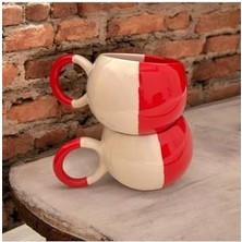 Karokstore Kırmızı Beyaz Model Çay Kahve Hediyelik 2 Li El Yapımı Seramik Kupa