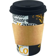 Karokstore Tedarik 12 Oz Siyah Kapaklı Tutamaçlı Karton Bardak Kahve Kağıt Bardak Sleeve 300 ml - 100&APOS;LÜ (Siyah Kapaklı Tutamaçlı)