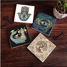Karokstore Nazar, Şahmeran, Hayat Ağacı, Fatma Ana Eli  Taş Bardak Altlığı Seti - 4 Parça - Dekoratif, Rustik Mutfak Aksesuarı, 10X10 Cm, Kaydırmaz Tabanlı, Şık ve Dayanıklı SC165