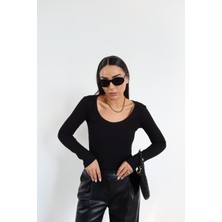 Özge Özgenç U Yaka Uzun Kollu Fitilli Basic Bluz