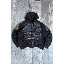 Kara Kedi Archaic Atelier Siyah Kapüşonlu Unisex Hırka Pamuk Kumaş Oversize Günlük Stil