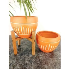 Karokstore Bitki Tasarımı Ev Dekorasyon Dik Çizgi Desenli Terrakota Toprak Saksı Saksılık Salon Çiçeklik Ikili Set Ayaksız - 4 Ayaklı- 15 cm