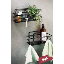 Karokstore Yapışkanlı Ömür Boyu Paslanmaz Kristal Ayarlanabilir Raf Banyo Düzenleyici Şampuanlık 2 Adet Siyah L