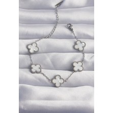 316L Çelik Gümüş Renk Beyaz Sedefli Yonca Bileklik - Lisinya