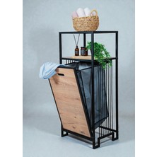 Bye Concept & More Dekoratif Kirli Sepetli Banyo Dolabı Ahşap Raflı Metal Gövdeli 2 Raflı Çamaşır Sepeti Banyo Düzenleyici Organizer