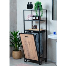 Bye Concept & More Dekoratif Kirli Sepetli Banyo Dolabı Ahşap Raflı Metal Gövdeli 3 Raflı Çamaşır Sepeti Banyo Düzenleyici Organizer