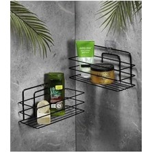 Karokstore Ömür Boyu Paslanmaz Yapışkanlı Banyo Düzenleyici Şampuanlık Duş Rafı 2 Adet Siyah Tş-01