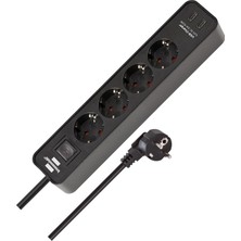 Karokstore Ecolor Serisi 4 Soketli 2 Adet Type-C Hızlı Şarj Özellikli 1,5 Metre Kablolu Anahtarlı Priz Siyah