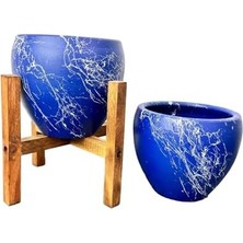 Karokstore Bitki Tasarımı Ev Dekorasyon Lacivert Üzeri Beyaz Mermer Efektli Toprak Saksı Saksılık Salon Çiçeklik Ikili Set Ayaksız - 4 Ayaklı- 15 cm