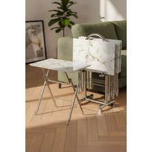 Lumis Garden Lumisgarden 4’lü Katlanır Cam Beyaz Mermer Desenli Gold Detaylı Çanta Zigon Sehpa – Krom Ayak