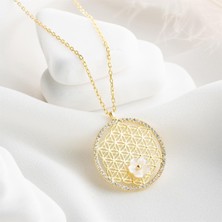 Nereze 925 Ayar Gümüş Gold Kaplama Manolya Çiçeği Detay Yaşam Çiçeği Kolye