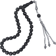 OltutaşıMarket Gümüş Işlemeli Gümüş Kaplama Püsküllü Gürcistan Oltu Taşı Tesbih 9 mm