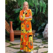 Lodos Store Aydoğan Kadın Gömlek Yaka Uzun Kollu Çiçek Desenli Uzun Elbise Turuncu