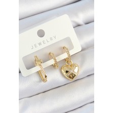 HERŞEYBURDAMODA Pirinç Zirkon Taşlı Kalp Model Gold Renk 3'lü Çift Kadın Küpe Set