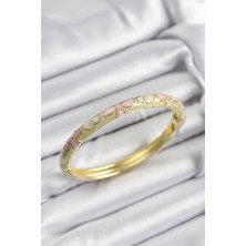 HERŞEYBURDAMODA Mineli Pirinç Pembe Hardal ve Krem Çiçek Motifli Gold Renk Kadın Kelepçe