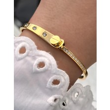 Ferro Sarı Çelik Kelepçe Kordon Kristal Taşlı Kadın Bileklik FRJW10026A-B 2 Yıl Garantili Hediye Paketli