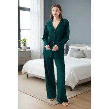 Moda Şahsenem Moda Kadın Zümrüt Yeşili Önden Düğmeli Rahat Kesim Pijama Takımı