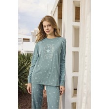 Lodos Store Kadın Uzun Kollu Pamuklu Ribana Pijama Takımı Mottolu Yıldız Desenli