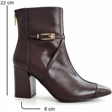 Ne&Ve Shoes Kahve Deri Arkadan Fermuarlı Gold Aksesuarlı Kadın Sivri Burunlu Kalın Topuklu Bot