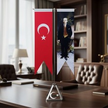 Uretti - Ahmet 9651 8078 Masaüstü Atatürk Baskılı Ikili Bayrak Standı / 8 x 30 cm