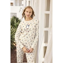 Lodos Store Aydoğan Kadın Uzun Kollu Pamuklu Ribana Pijama Takımı Yılbaşı Penguen Desenli Krem